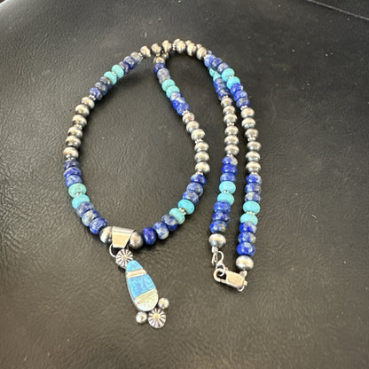 WoMens Opal Inlay Pendant Navajo Sterling Silver Blue Lapis Bead Necklace 18919