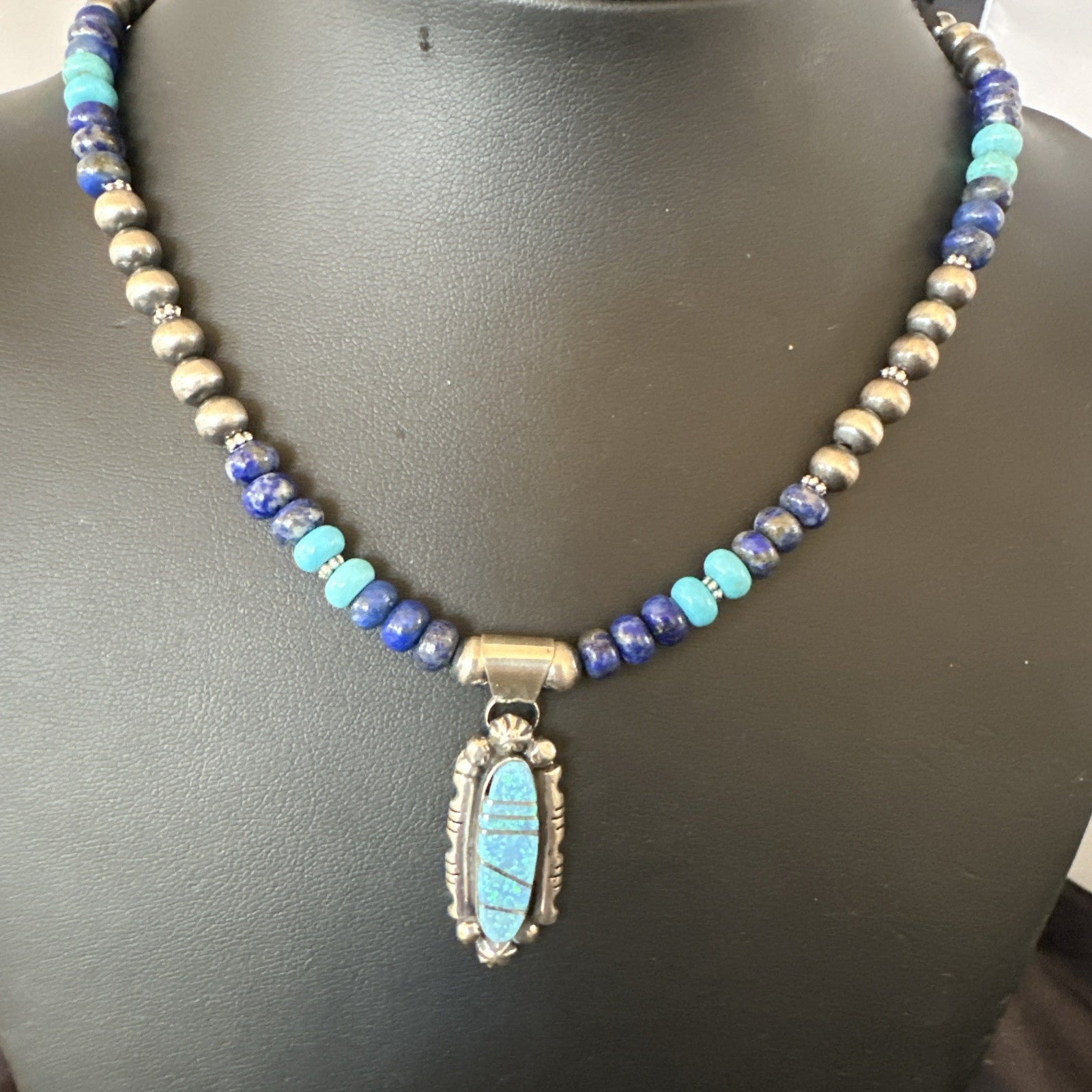WoMens Opal Inlay Pendant Navajo Sterling Silver Blue Lapis Bead Necklace 18913