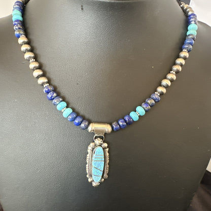 WoMens Opal Inlay Pendant Navajo Sterling Silver Blue Lapis Bead Necklace 18913