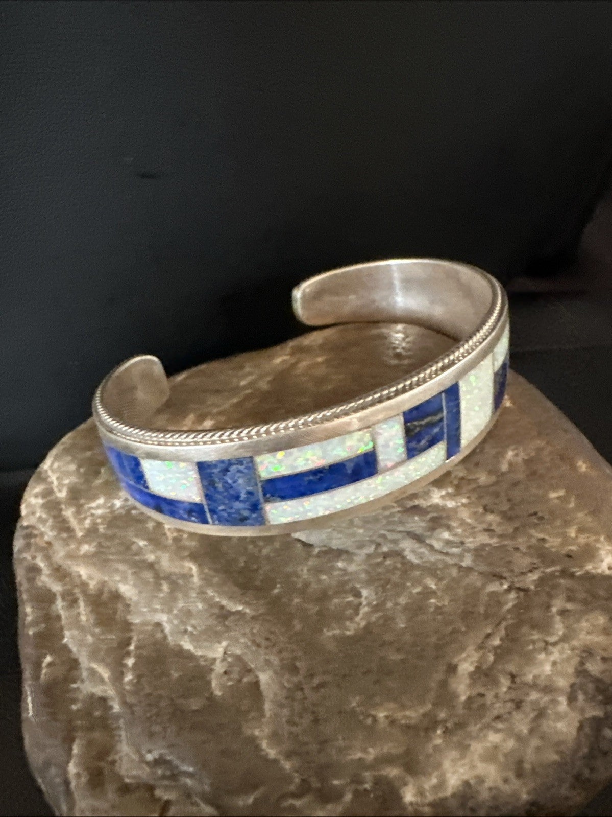 White Gilson Fire Opal Lapis Zuni Sterling Silver Inlay Bracelet 7.5" 18992