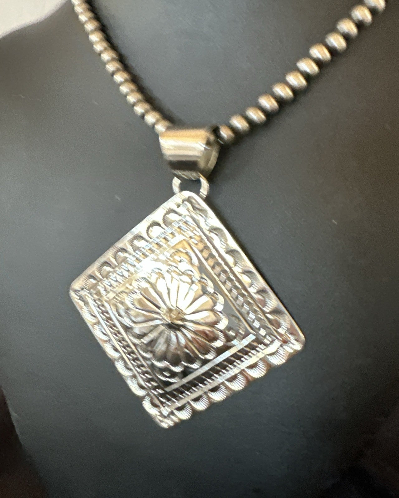 H Joe Handmade Stamped Pendant Navajo Sterling Silver Necklace 3.5" 18982