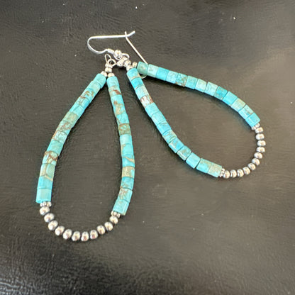 Blue Turquoise Heishi Navajo Sterling Silver Beads Earrings 2.5” 18953
