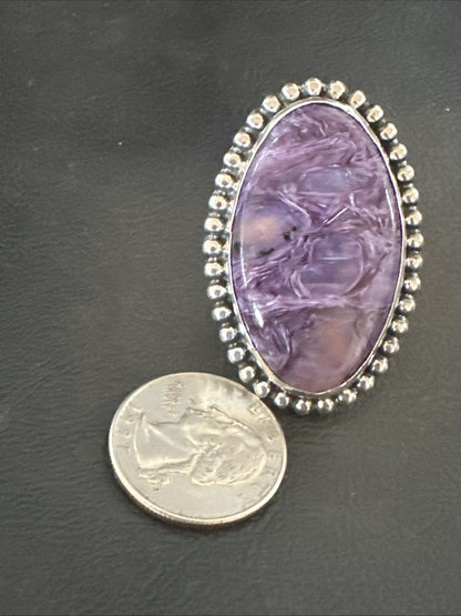 H Joe Purple Charoite Navajo Sterling Silver Oval Ring Size 7 18962