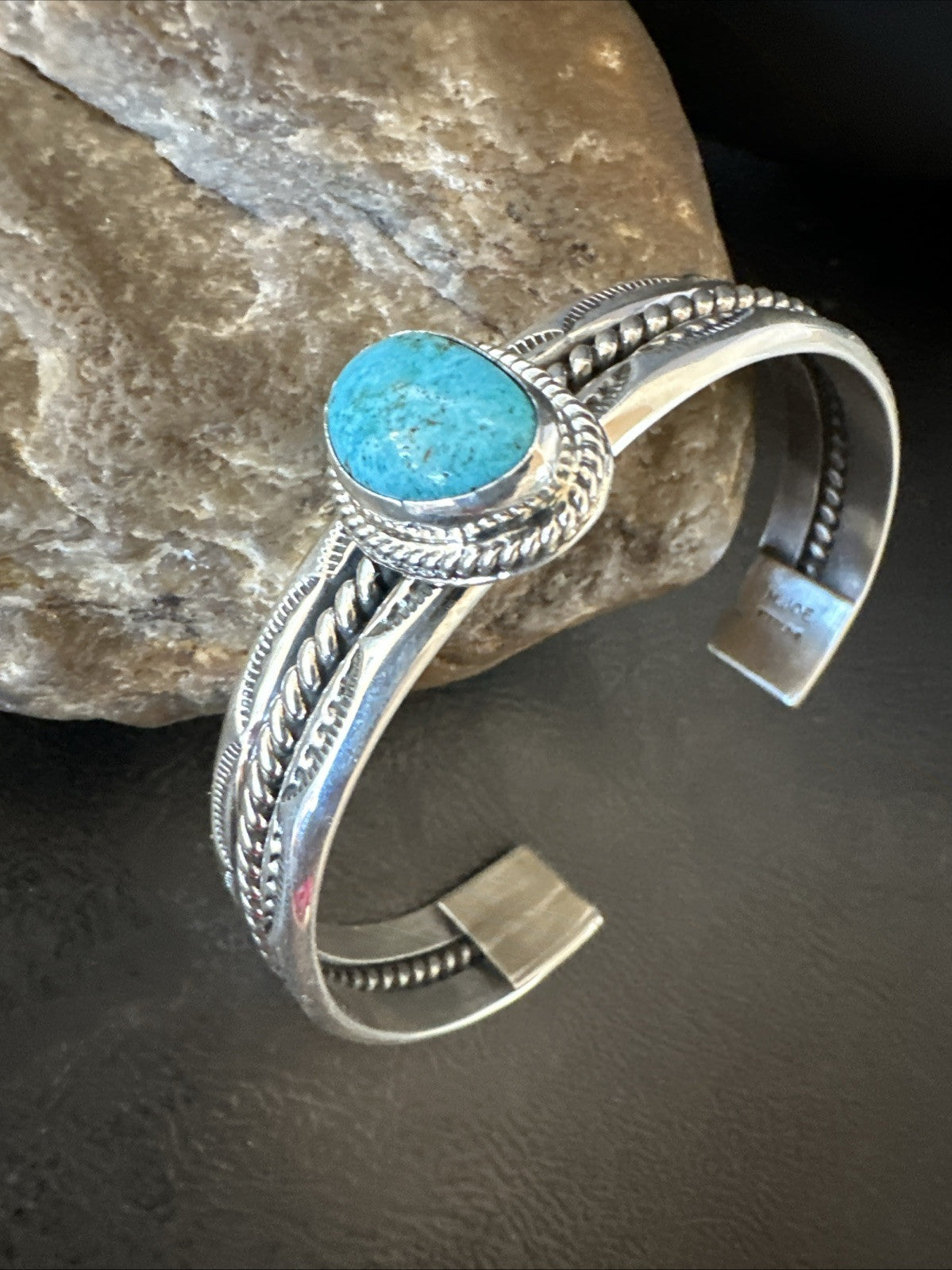 Stamped Blue Kingman Turquoise Sterling SIlver Cuff Bracelet 7.25” 18984