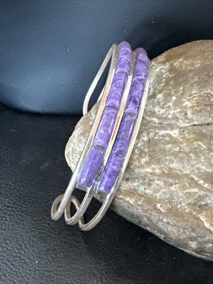 Purple Charoite Navajo Sterling Silver Inlay Cuff Bracelet 7.5" 18889