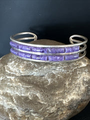 Purple Charoite Navajo Inlay Cuff Bracelet 7.5" | Sterling Silver | Authentic Native American Handmade | 18889