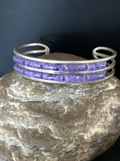 Purple Charoite Navajo Sterling Silver Inlay Cuff Bracelet 7.5" 18889