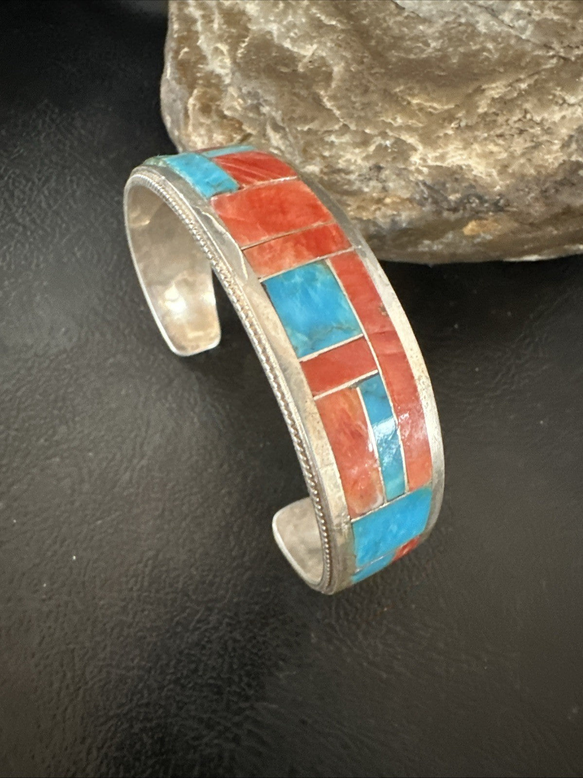 Blue Turquoise Spiny Oyster Zuni Sterling Silver Cuff Inlay Bracelet 7" 18994