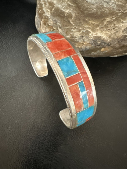 Blue Turquoise Spiny Oyster Zuni Sterling Silver Cuff Inlay Bracelet 7" 18994