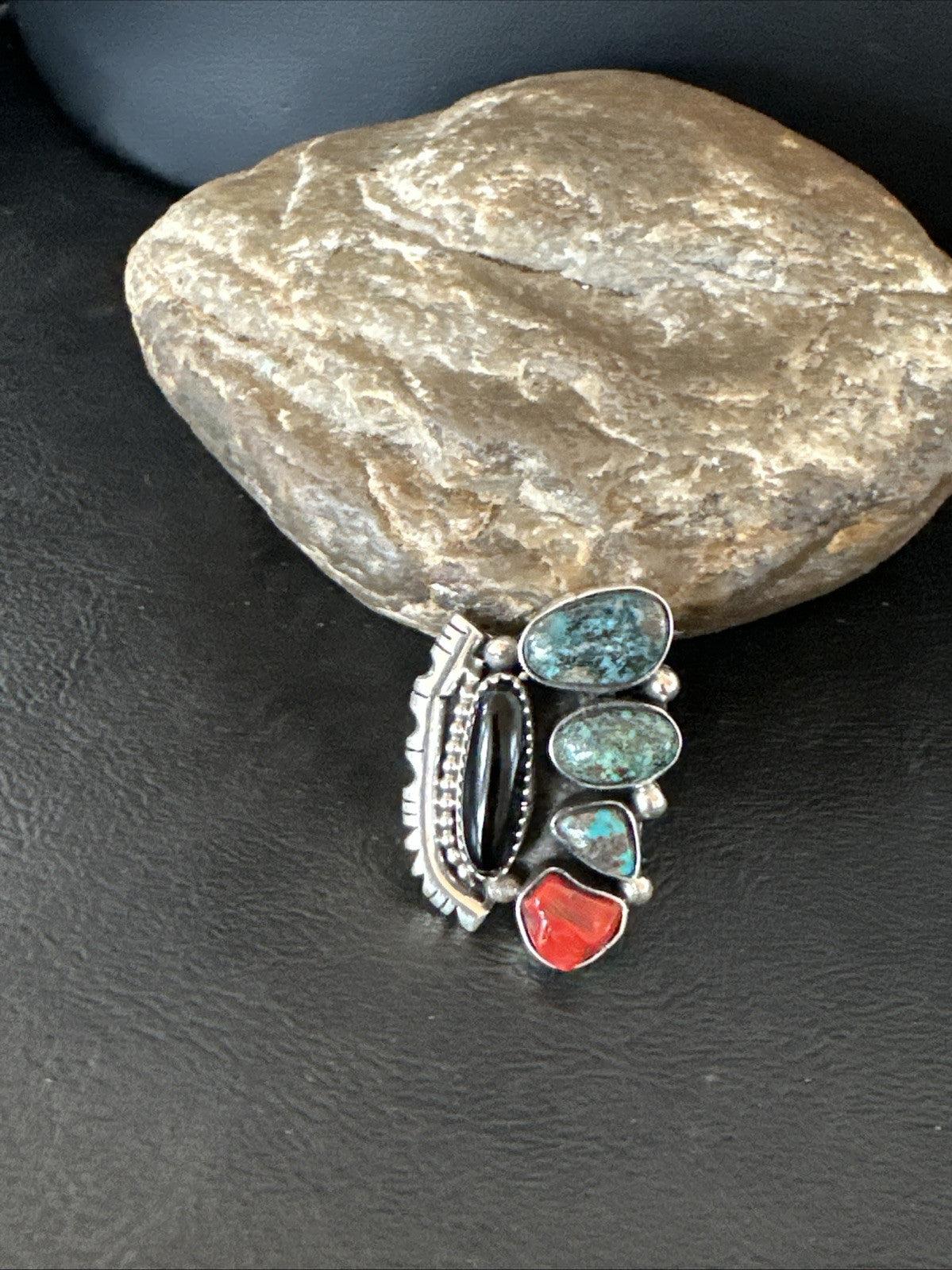 Navajo Cluster Onyx Blue Turquoise Coral Sterling Silver Ring Sz 7.5 18886