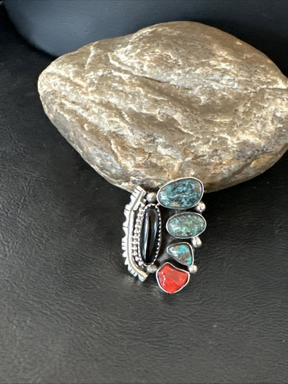 Navajo Cluster Onyx Blue Turquoise Coral Sterling Silver Ring Sz 7.5 18886