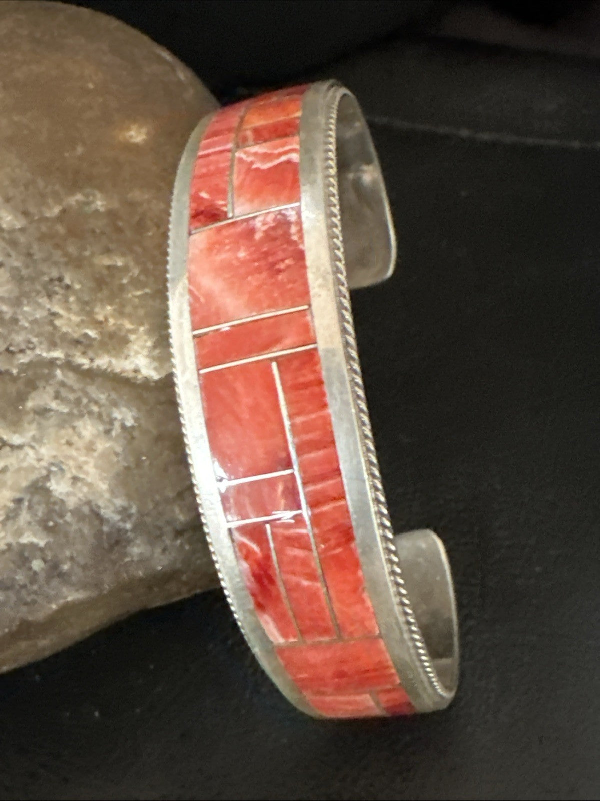 Orange Spiny Oyster Zuni Sterling Silver Cuff Inlay Bracelet 18993