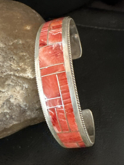 Orange Spiny Oyster Zuni Sterling Silver Cuff Inlay Bracelet 18993