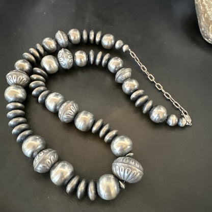 Handmade Bench Flat Navajo Pearls Sterling Silver Bead Necklace 24” 19001