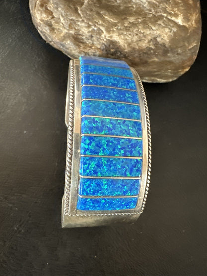 Blue Faux Gilson Fire Opal Navajo Sterling Silver Inlay Bracelet 7.5" 18991