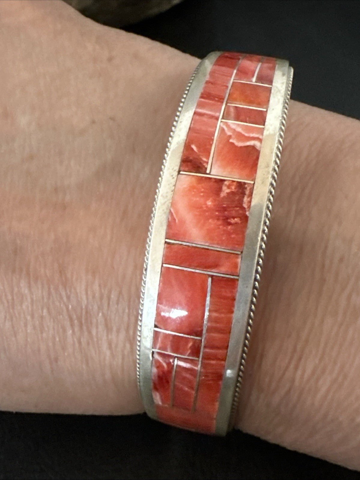 Orange Spiny Oyster Zuni Sterling Silver Cuff Inlay Bracelet 18993
