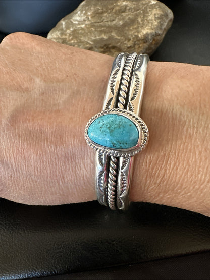 Stamped Blue Kingman Turquoise Sterling SIlver Cuff Bracelet 7.25” 18984