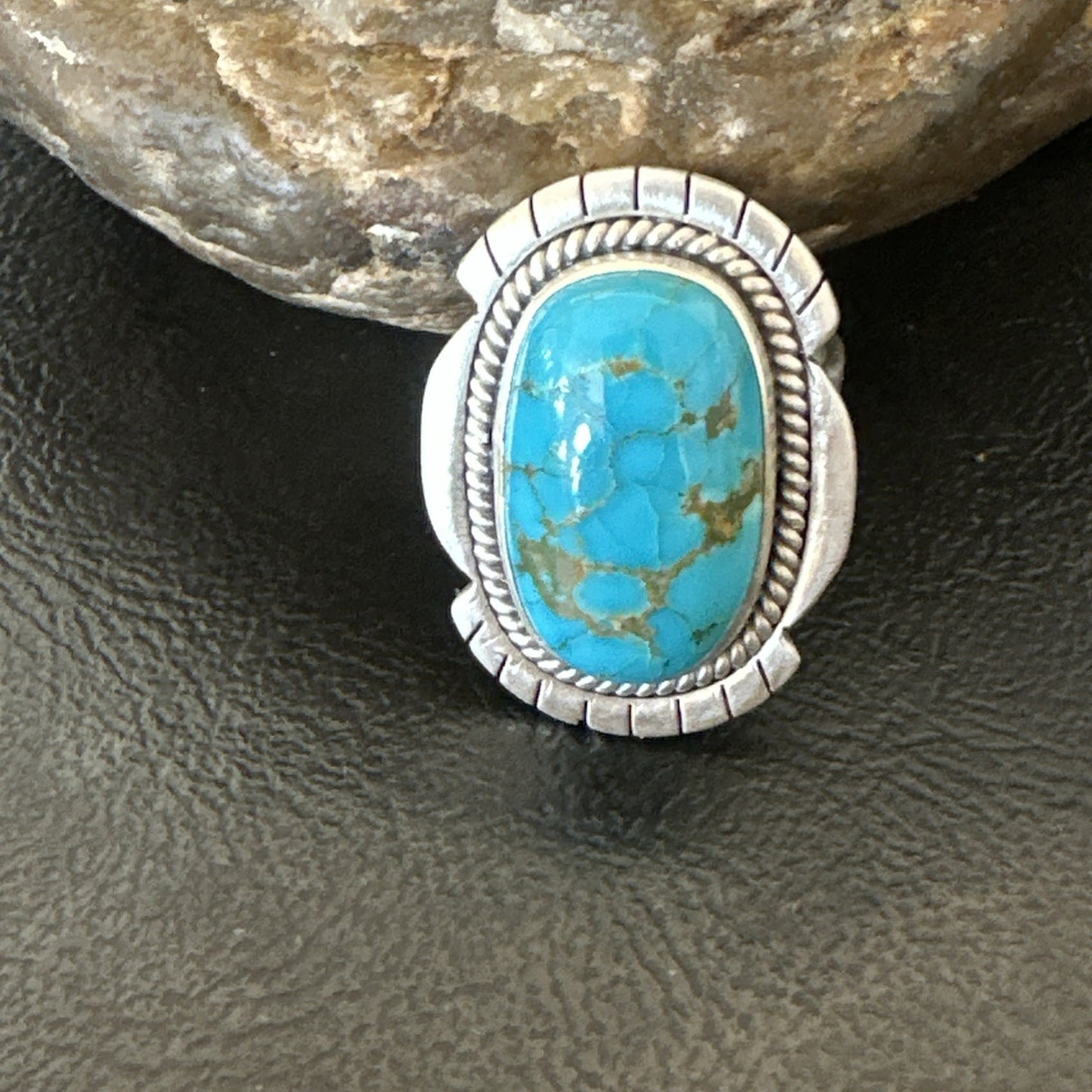 Navajo Sterling Silver Blue Kingman Turquoise Adjustable Ring Size 7 19005