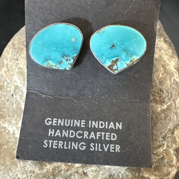 Blue Kingman Turquoise Navajo Post Stud Earrings | Sterling Silver | Authentic Native American Handmade | 18942