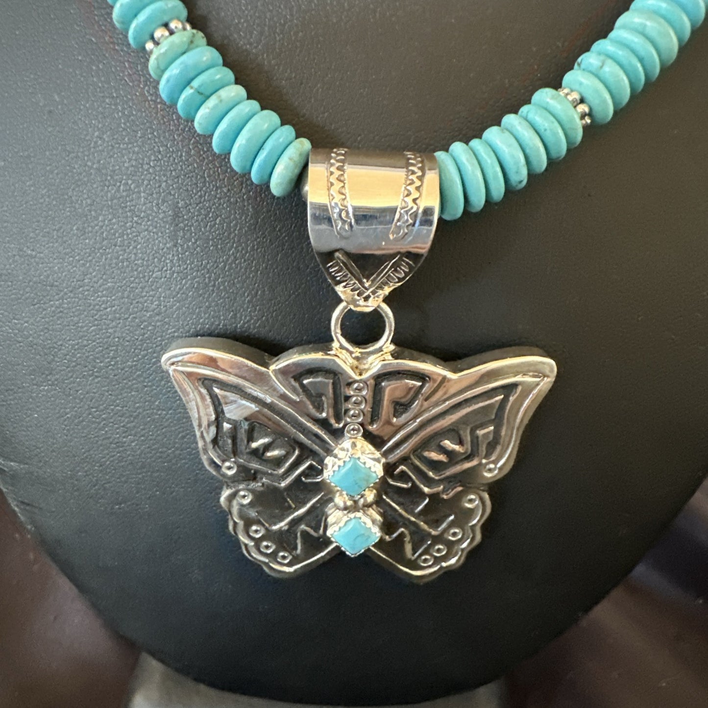 Butterfly Blue Turquoise Pendant Navajo Sterling Silver Necklace 24" 18904