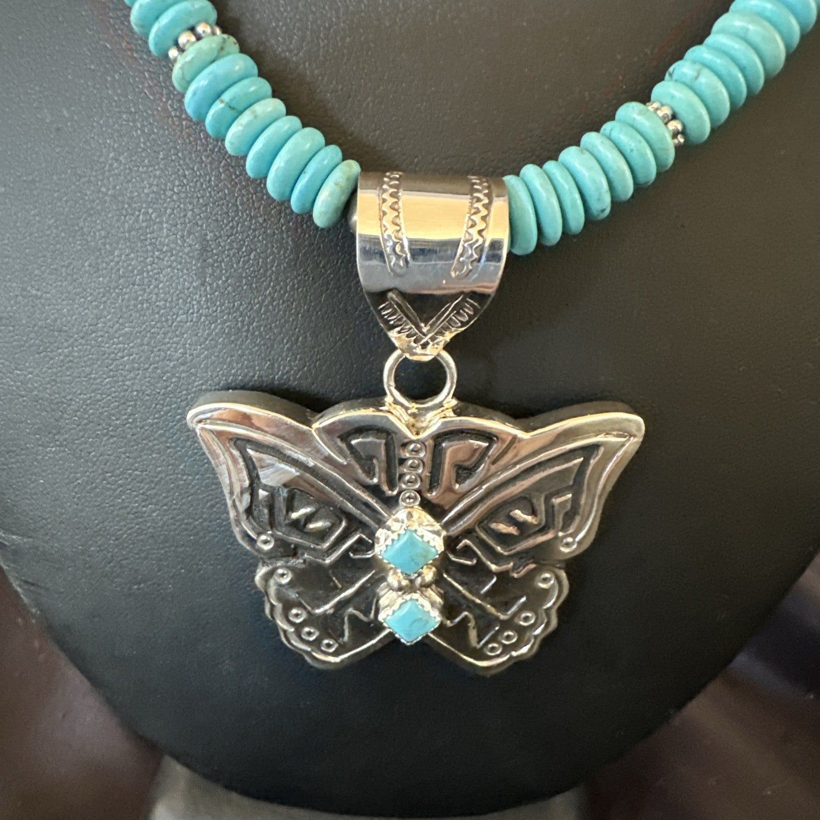 Butterfly Blue Turquoise Pendant Navajo Sterling Silver Necklace 24" 18904