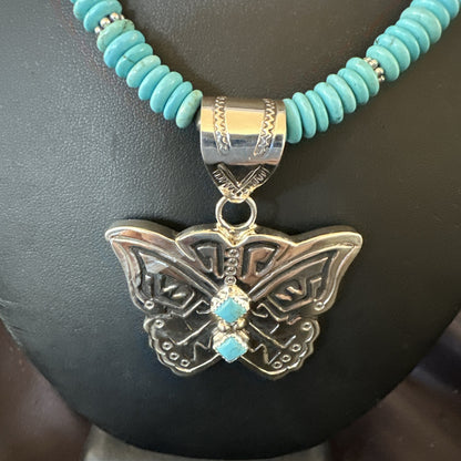 Butterfly Blue Turquoise Pendant Navajo Sterling Silver Necklace 24" 18904