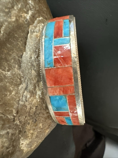 Blue Turquoise Spiny Oyster Zuni Sterling Silver Cuff Inlay Bracelet 7" 18994