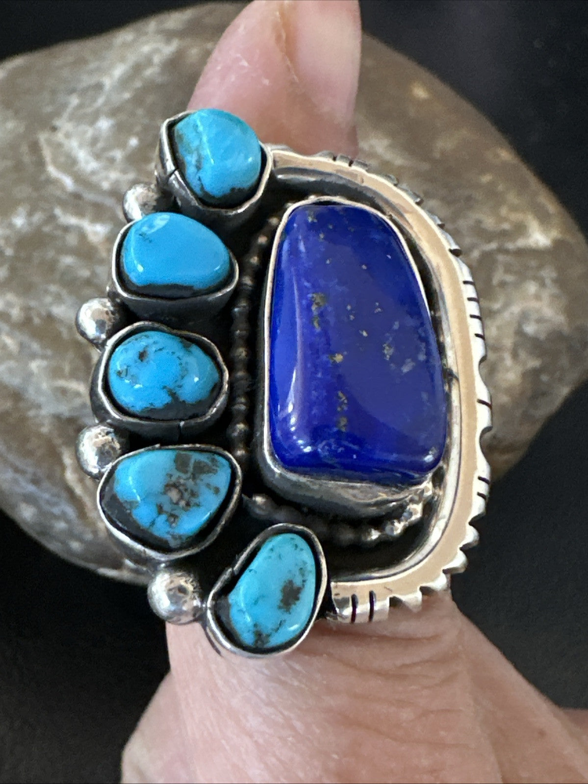 Navajo Cluster Lapis Kingman Turquoise Sterling Silver Ring Sz 8 18883