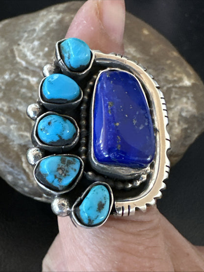 Navajo Cluster Lapis Kingman Turquoise Sterling Silver Ring Sz 8 18883