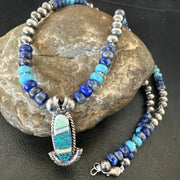 Women's Opal Inlay Pendant Navajo Blue Lapis Bead Necklace | Sterling Silver | Authentic Native American Handmade | 18914