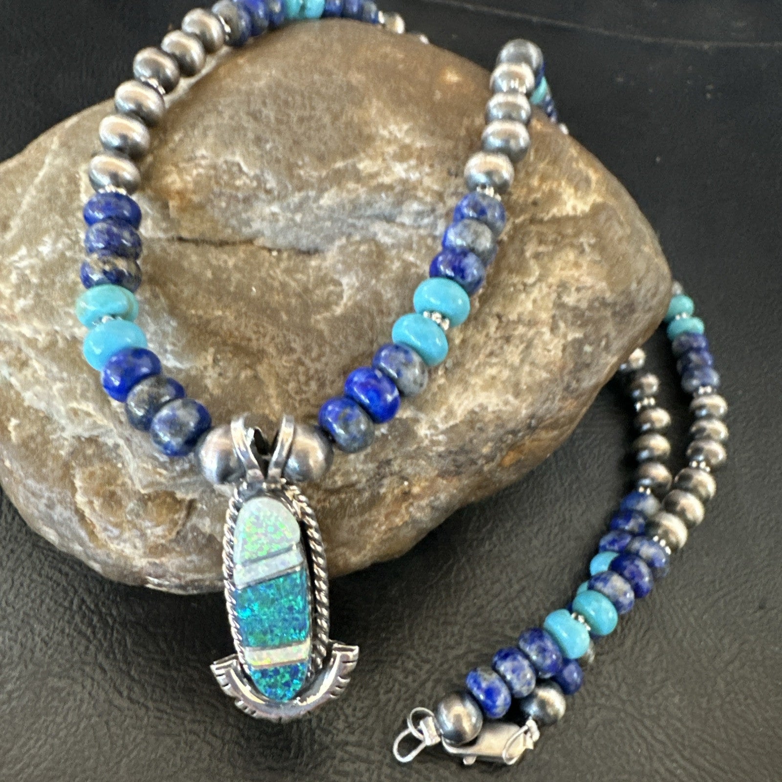 WoMens Opal Inlay Pendant Navajo Sterling Silver Blue Lapis Bead Necklace 18914