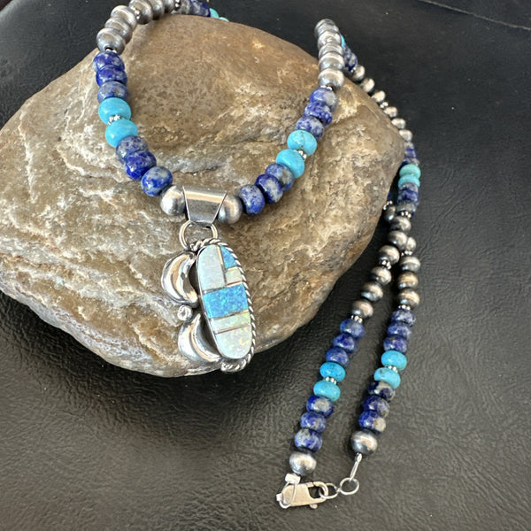 Women's Opal Inlay Pendant Navajo Blue Lapis Bead Necklace | Sterling Silver | Authentic Native American Handmade | 18916