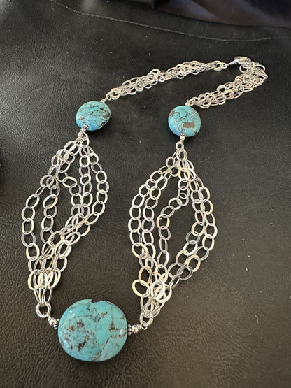 Sterling Silver Beads 5 Strand Chain Blue Nugget Turquoise Necklace 21" 18911