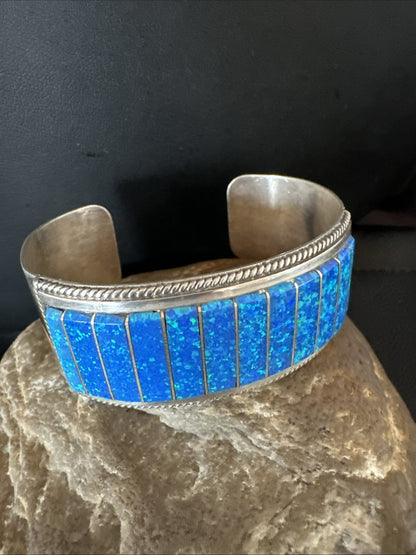 Blue Faux Gilson Fire Opal Navajo Sterling Silver Inlay Bracelet 7.5" 18991
