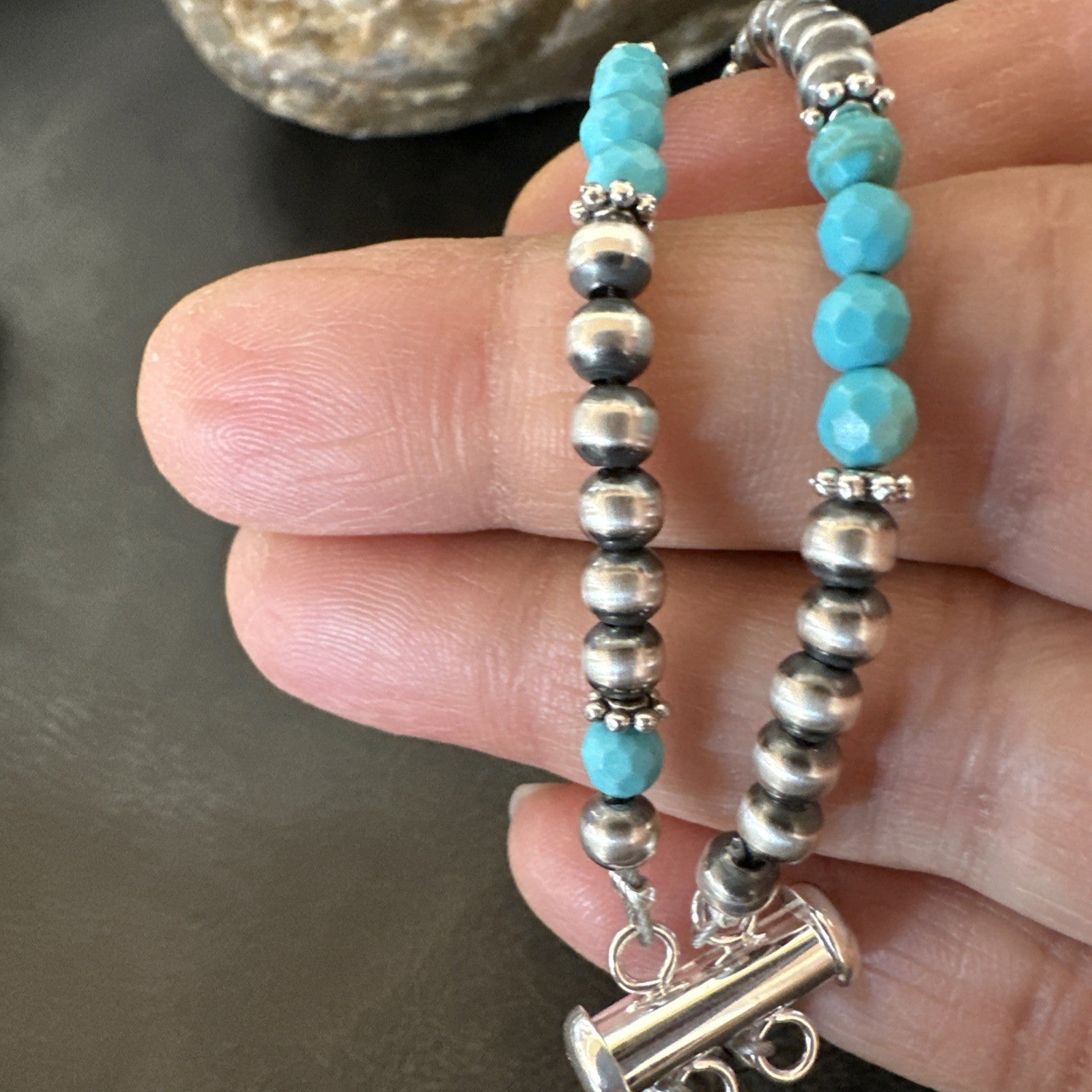 Blue Turquoise Faceted Bead Navajo Sterling Silver Beads Bracelet 7.5" 18999