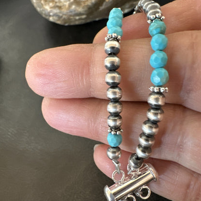Blue Turquoise Faceted Bead Navajo Sterling Silver Beads Bracelet 7.5" 18999