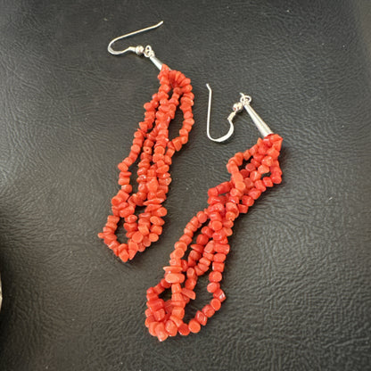 Real Red Orange Coral Nuggets Southwestern Sterling Silver Earrings 3” 18947