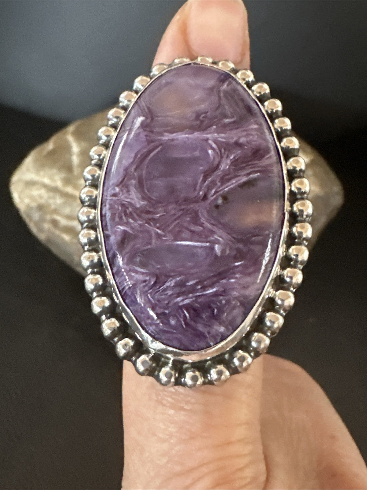 H Joe Purple Charoite Navajo Sterling Silver Oval Ring Size 7 18962