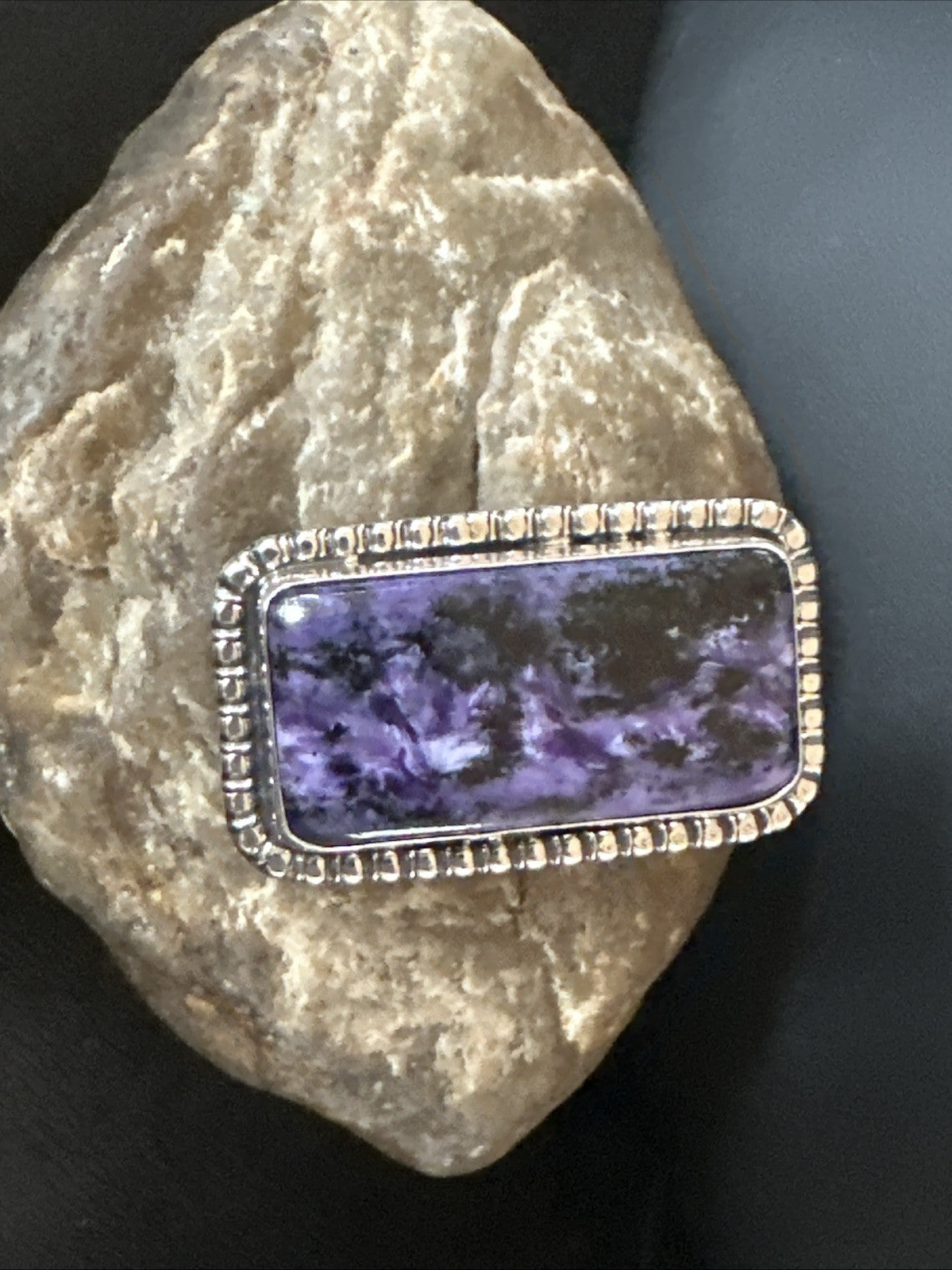 H Joe Purple Charoite Navajo Sterling Silver Rectangle Ring Size 7.5 18964
