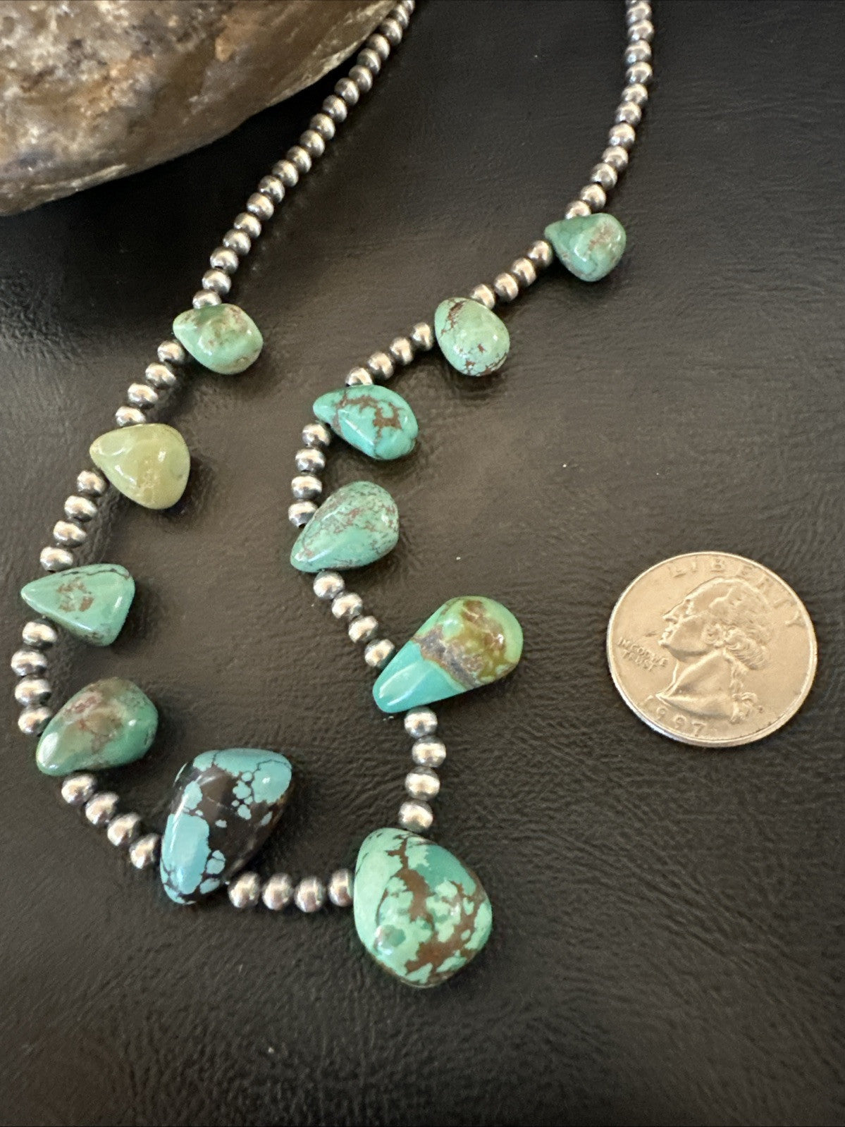 Green Turquoise Teardrop Sterling Silver Beads Necklace 20" 18985