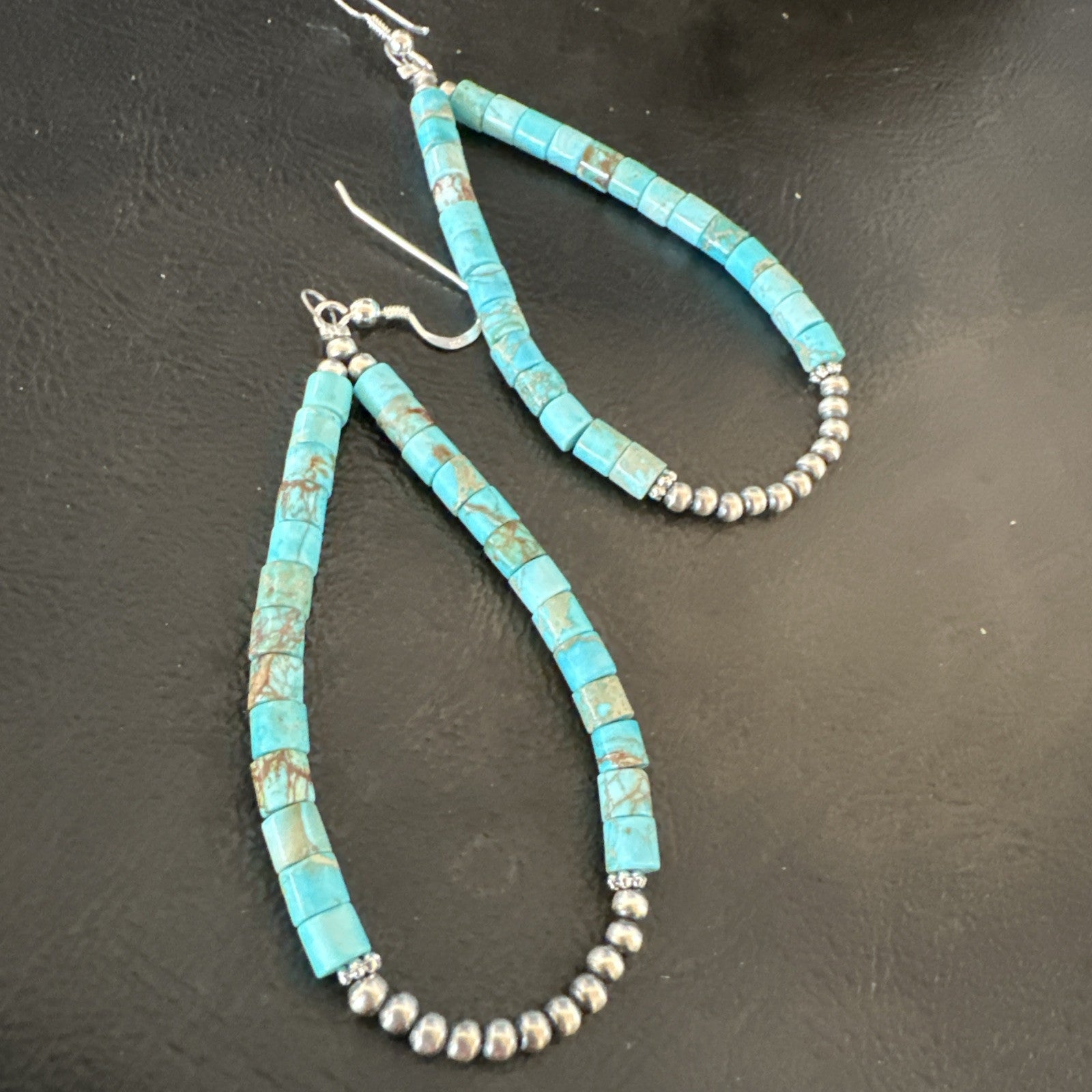 Blue Turquoise Heishi Navajo Sterling Silver Beads Earrings 2.5” 18953
