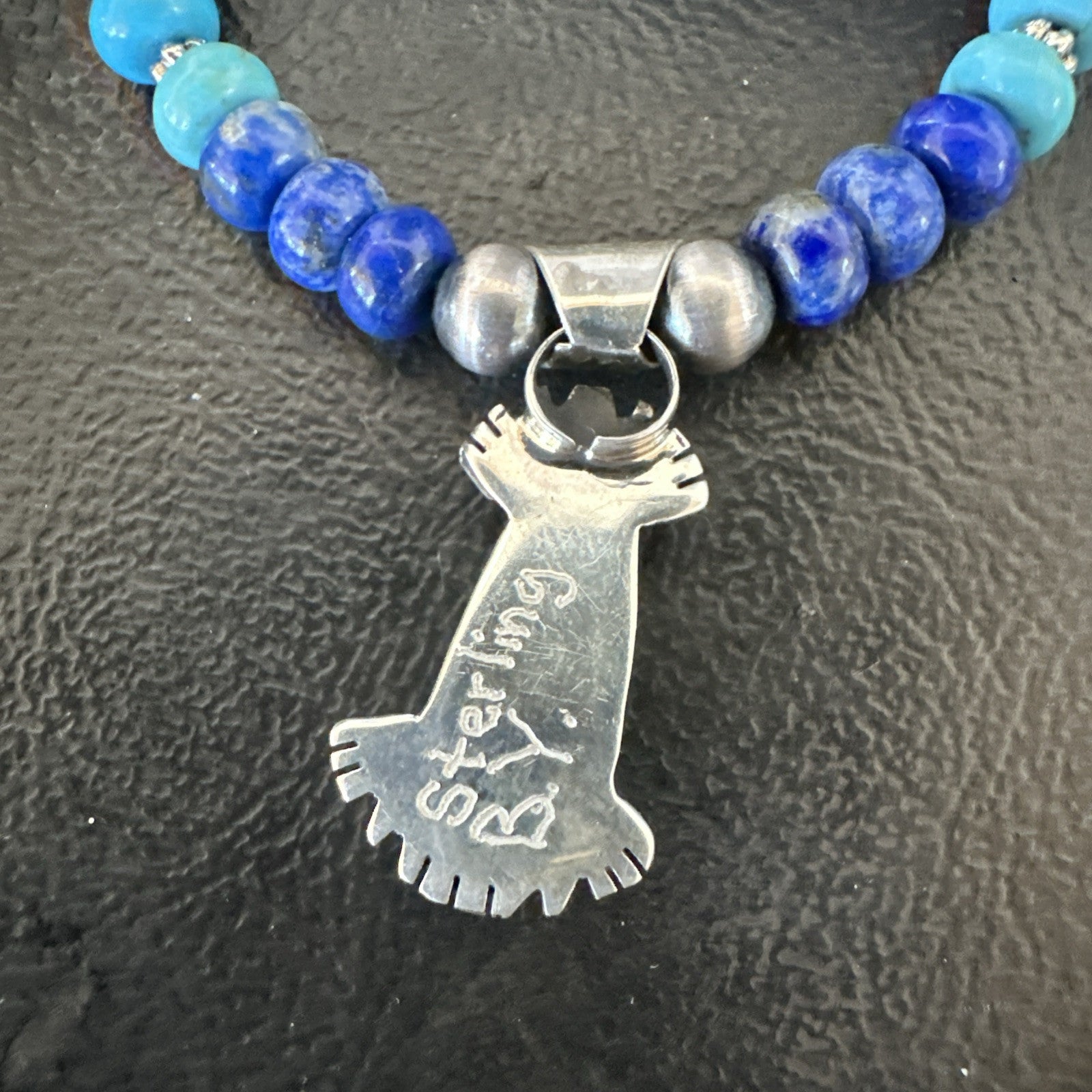 WoMens Opal Inlay Pendant Navajo Sterling Silver Blue Lapis Bead Necklace 18920