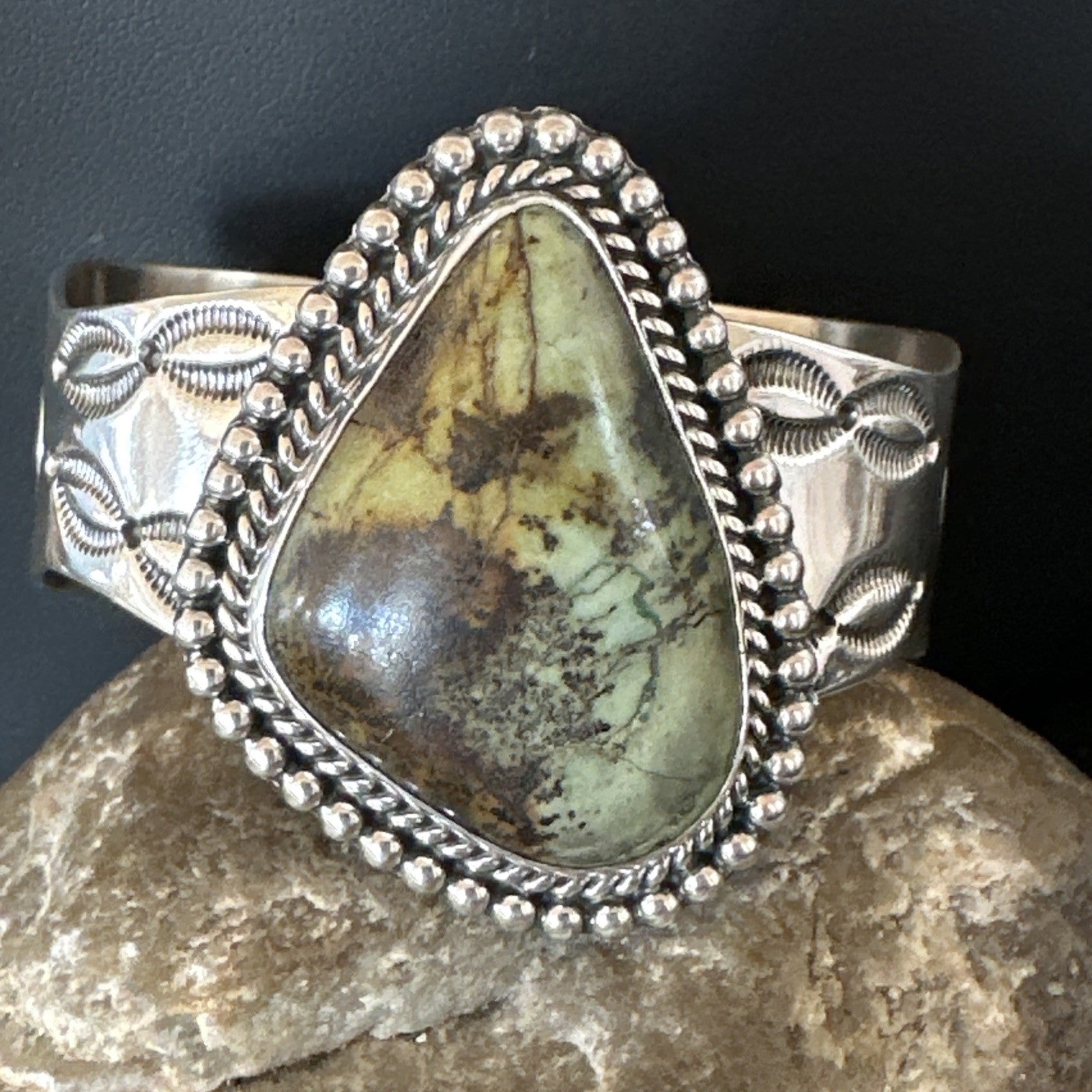 Navajo Green TURQUOISE Stamped Sterling Silver Cuff Bracelet 18876