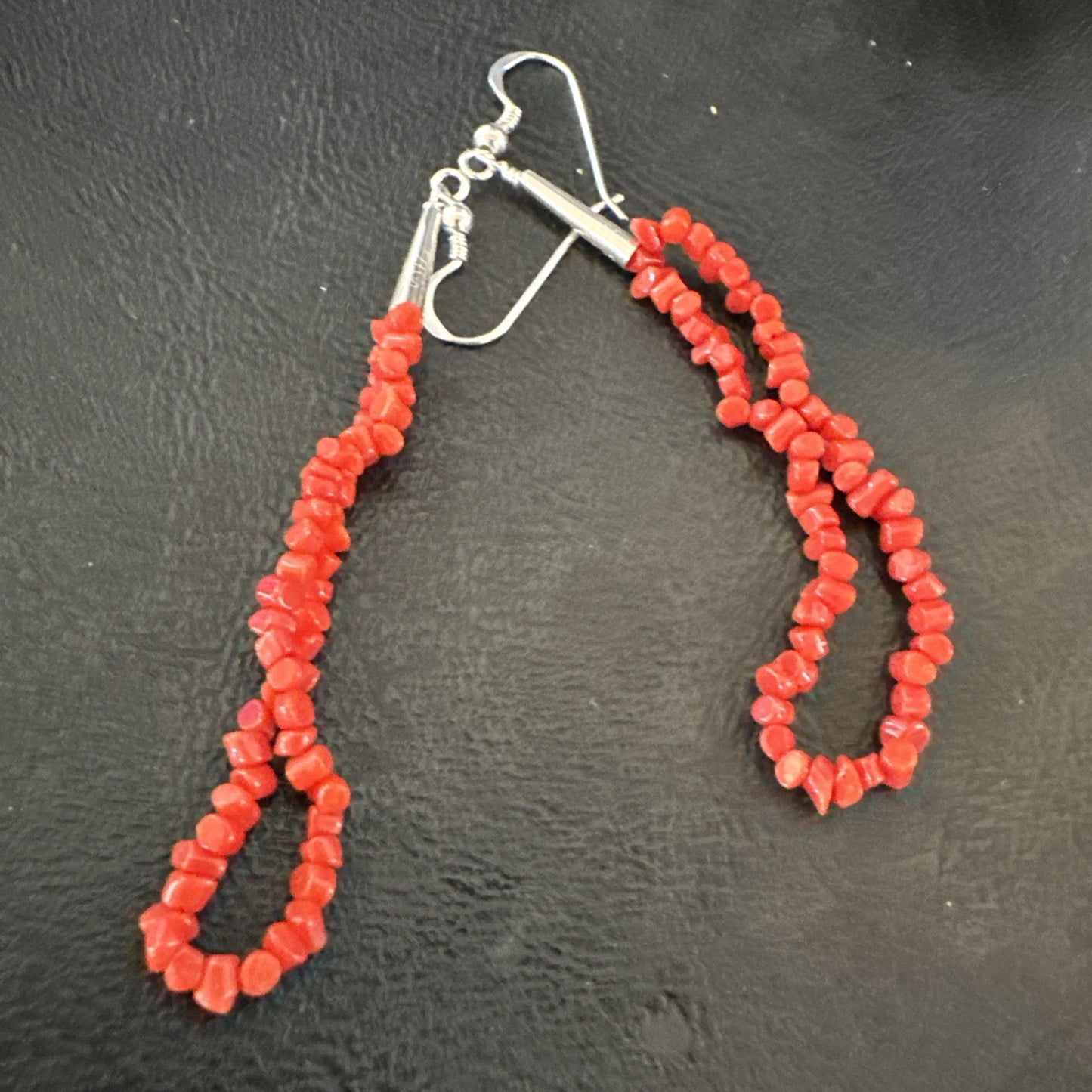 Real Red Orange Coral Nuggets Southwestern Sterling Silver Earrings 2.5” 18956
