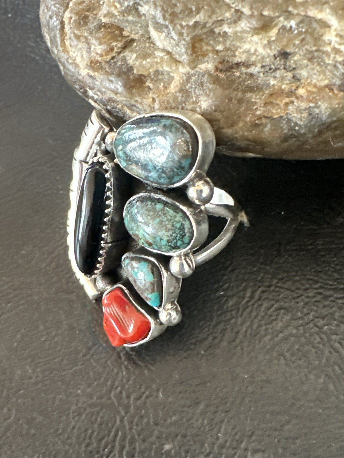 Navajo Cluster Onyx Blue Turquoise Coral Sterling Silver Ring Sz 7.5 18886