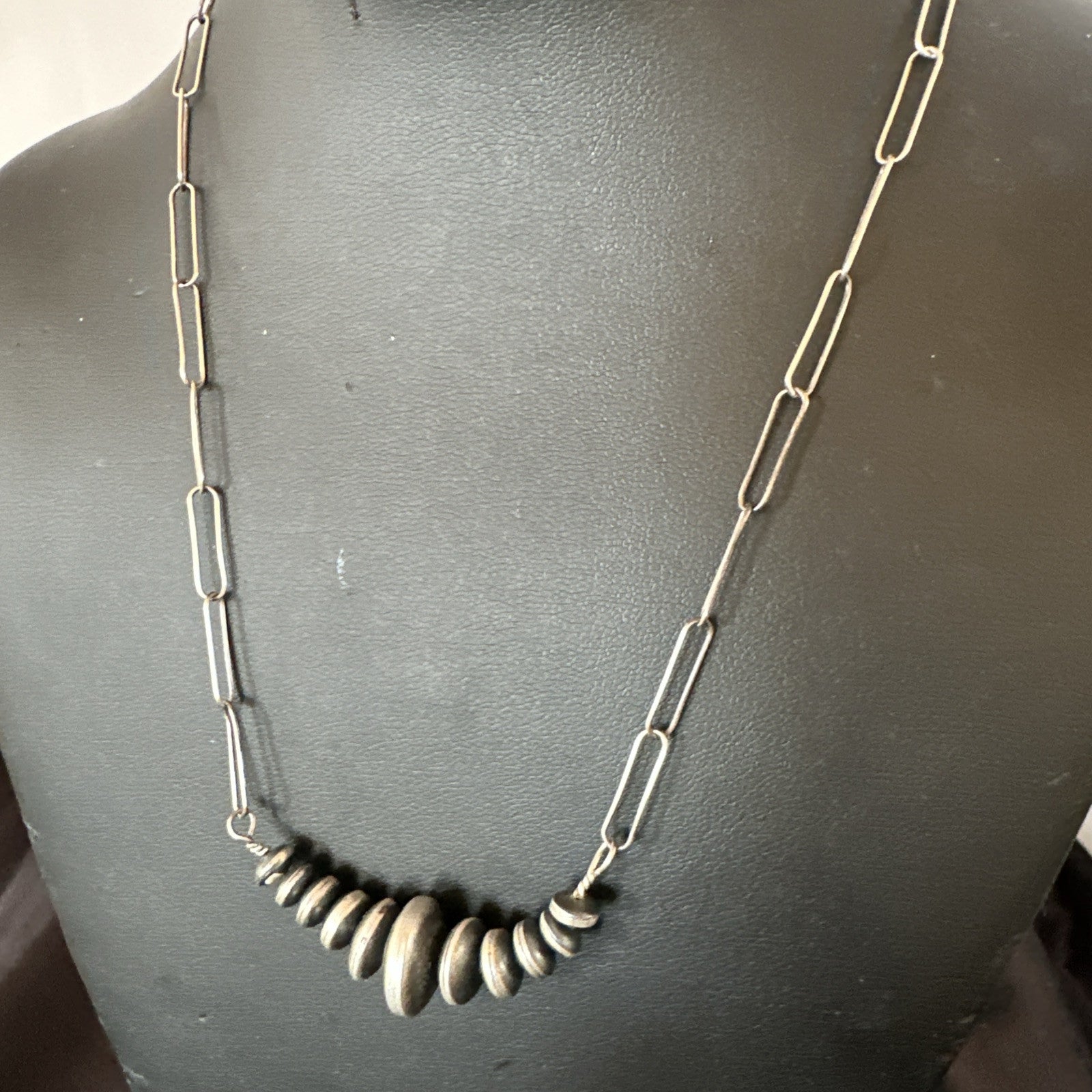 Navajo Rondel Saucer Flat Sterling Silver Beads Chain Necklace 18” 18948