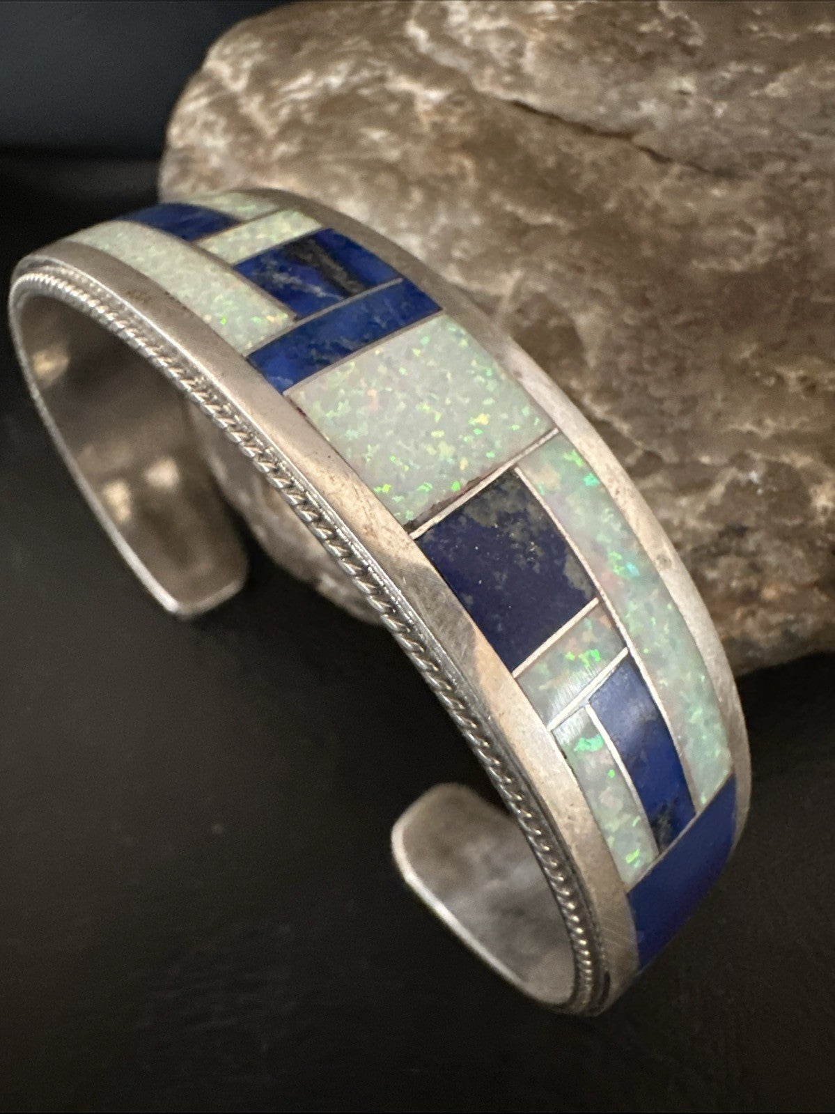 White Gilson Fire Opal Lapis Zuni Sterling Silver Inlay Bracelet 7.5" 18992