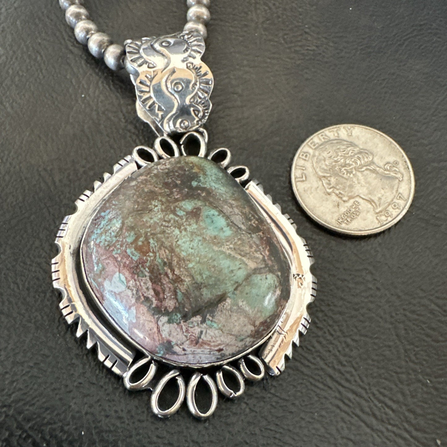 Yazzie Navajo Sterling Silver Blue Rustic Turquoise Necklace Pendant 2.75” 18998