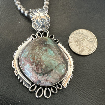 Yazzie Navajo Sterling Silver Blue Rustic Turquoise Necklace Pendant 2.75” 18998