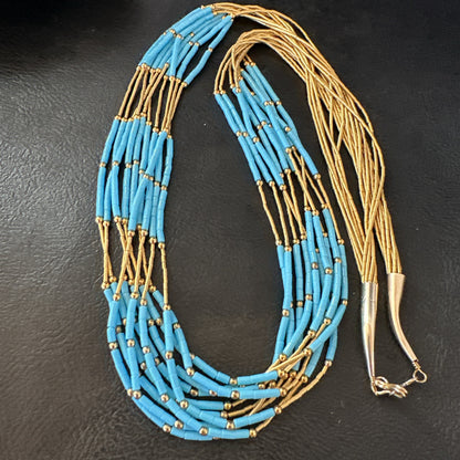 Gold Filled Blue Turquoise Heishi 10S Liquid Sterling Silver Necklace 24” 18909